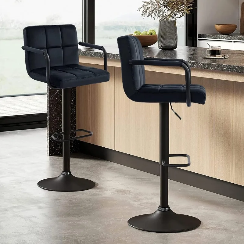 Adjustable Barstools with Back, Black bar stools Set of 2, Velvet 360°Swivel Bar Stools, Double Stitching Counter Stools
