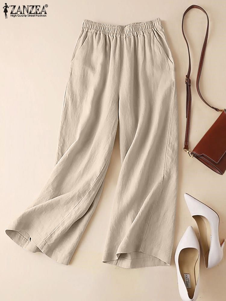 ZANZEA Pantalones de verano para Mujer, Pantalones de pierna ancha con cintura elástica de lino y algodón, Pantalones informales ligeros y sólidos Palazzo de Mujer 2025
