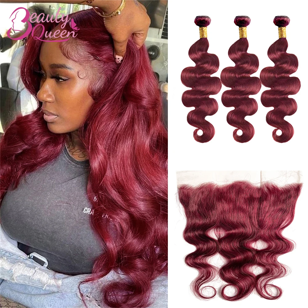 Borgonha onda do corpo pacotes com frontal 13x4 laço 100% pacotes de extensão do cabelo humano com fechamento colorido 99j cabelo humano tissage