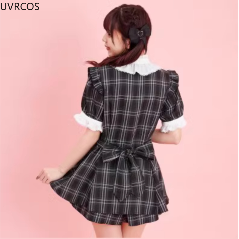 Japanischen Stil Gothic Y2k Lolita Plaid Strass Bogen Kleid Shorts Set Süße Frauen Puff Kurzarm Taste Hemd Party Kleider