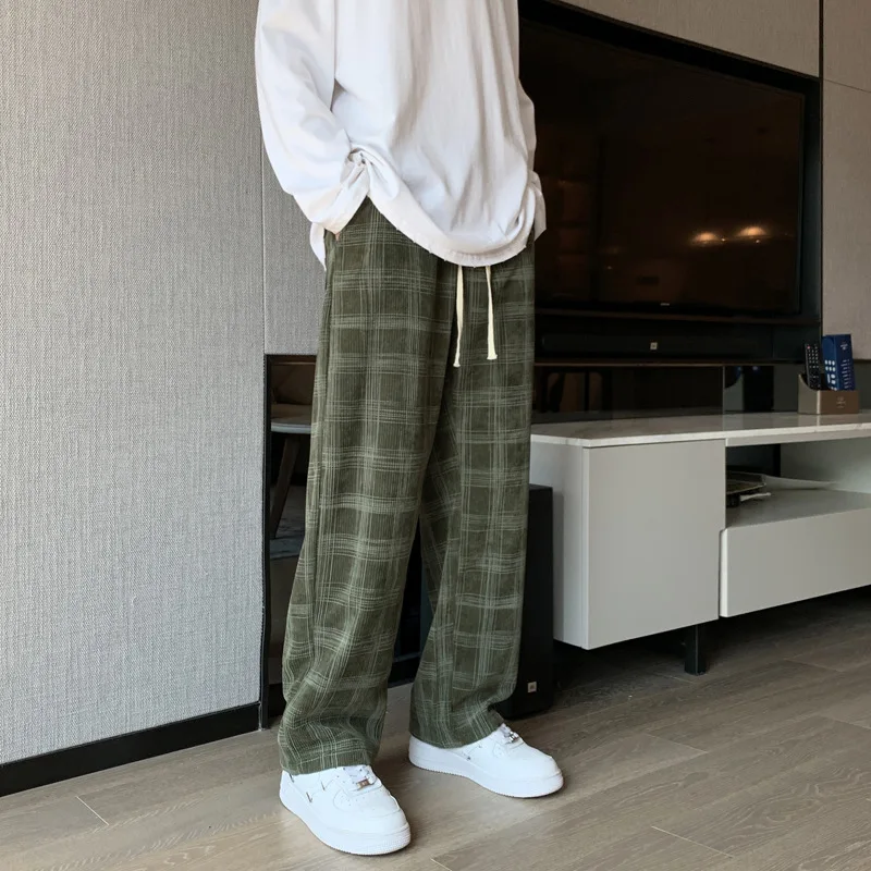 男性市松カジュアルパンツルーズストレートコーデュロイパンツスウェットパンツ男のファッションストリート 2023 春の新ヒップホップズボン