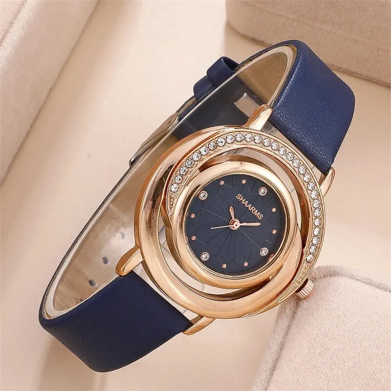 Juego de 5 piezas de reloj de lujo para mujer, anillo, collar, pendientes, diamantes de imitación, reloj de pulsera informal para mujer
