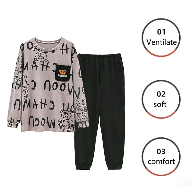 Zweiteiliger Herren-Pyjama in Übergröße, langärmelig, locker, atmungsaktiv, Cartoon-Bär, gestreift, Buchstaben, Schwarz, Rundhalsausschnitt, Loungewear-Set pj