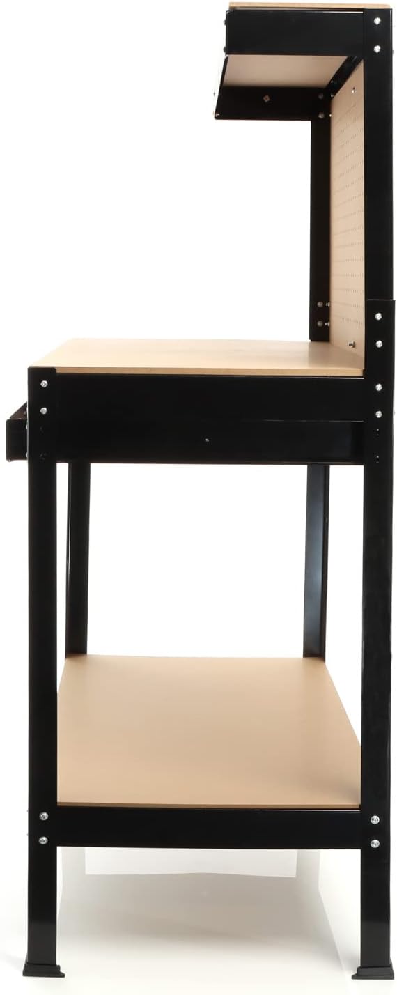 Taller 1150x550x1400mm Mesa Taller Superficie Trabajo Panel Perforado Balda Cajón Herramientas, Negro, de acero.