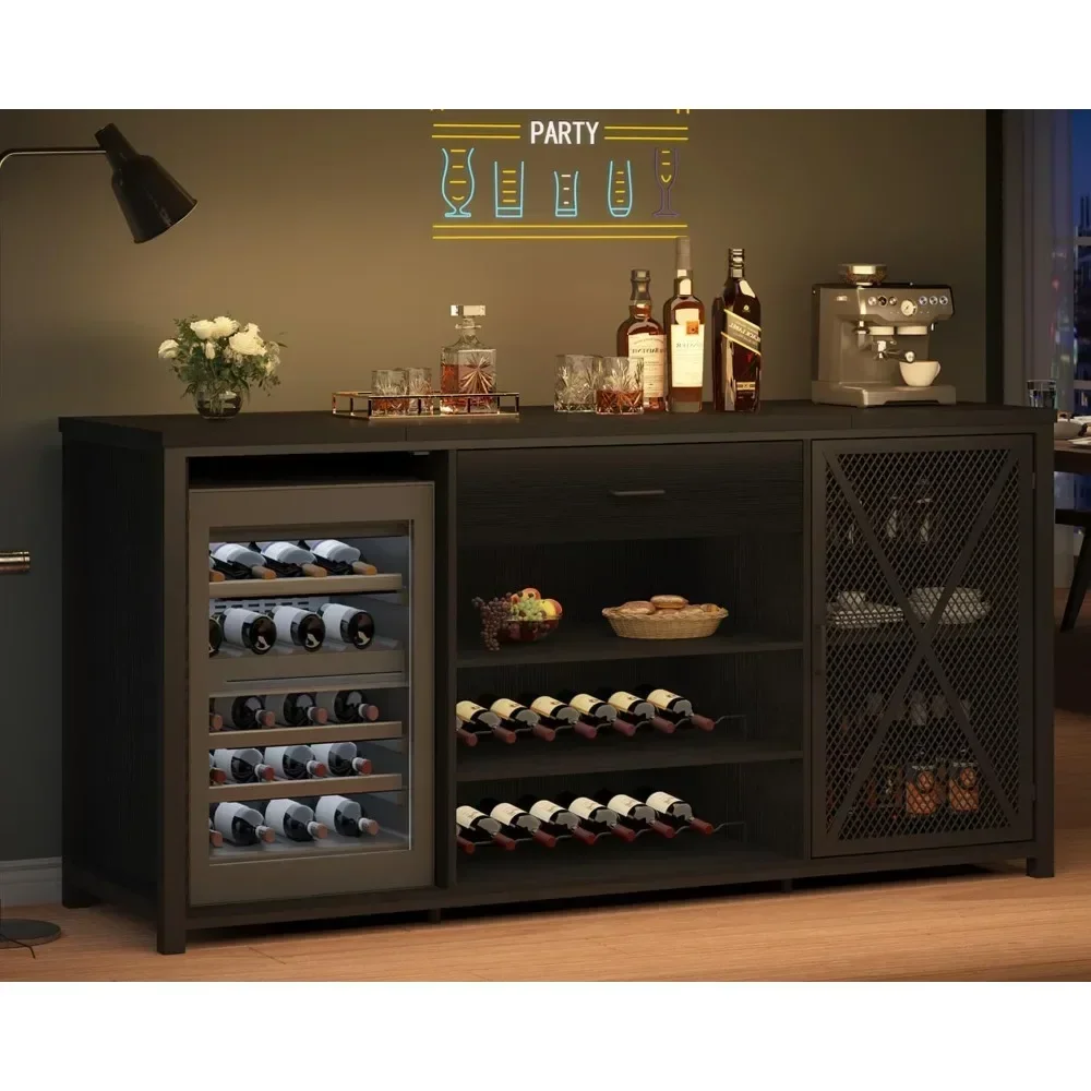 Coffee Bar Cabinet with Fridge Space, Modern Wood Metal Large Wine Liquor Cabinet with Rack, Big Wide Sideboard Buffet