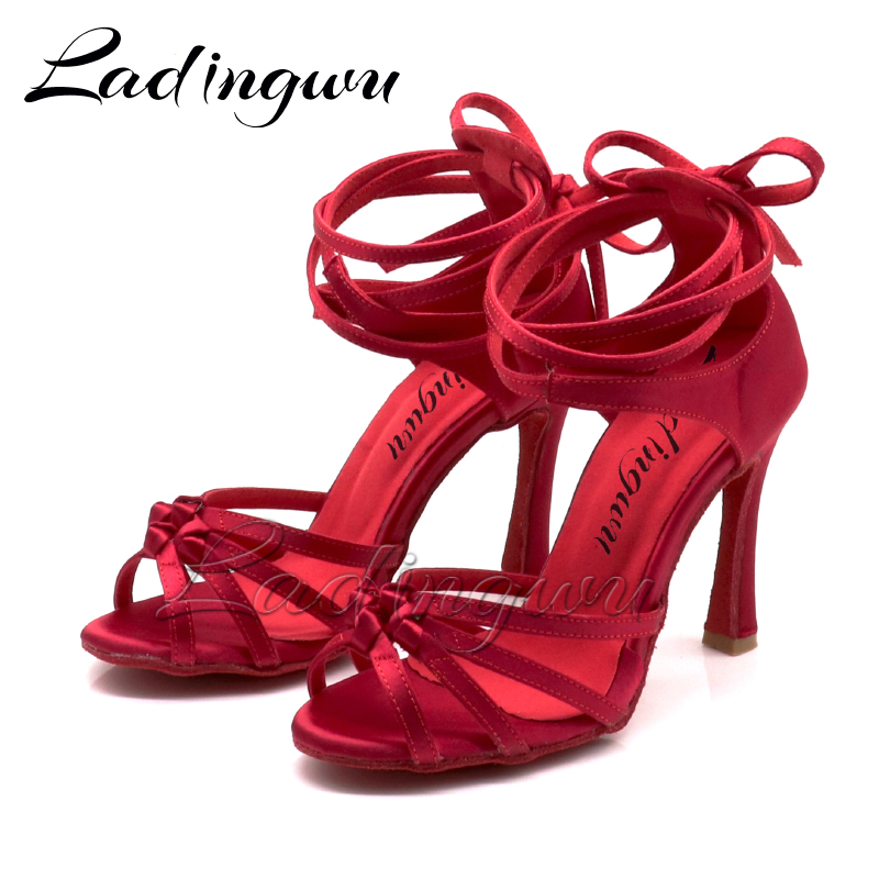 Ladingwu Burgund Satin Latin Dance Schuhe Puttee Vier-Band Knoten Salsa Tanzschuhe Ballsaal Tango Tanzschuhe