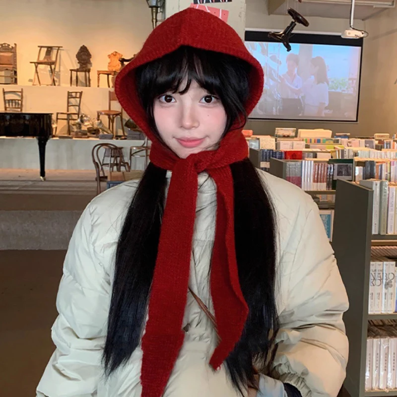 Gorros de punto coreanos, gorro cálido para otoño e invierno para mujer, gorro pasamontañas bonito y agradable, gorro con capucha con correa versátil a la moda