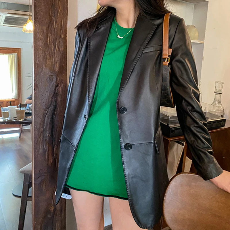 ของแท้หนัง Blazer สำหรับสตรี Commuter สไตล์ Single-Breasted Camel/สีดำกลางความยาว Sheepskin เสื้อผ้าสูทสตรีแจ็คเก็ต