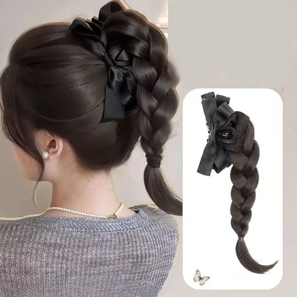 Twist Braid Syntetyczna peruka Klips Łuk Wysoki kucyk Temperament Słodka naturalna symulacja Warkocz z tyłu głowy Klips do włosów Torba na perukę