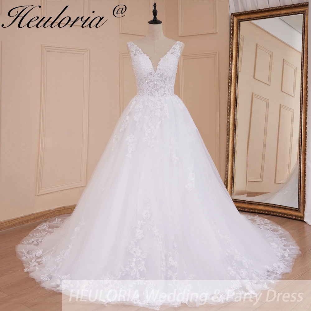 HEULORIA Elegant A Line ชุดแต่งงาน V คอลูกไม้ชุดเจ้าสาว Robe De Mariee งานแต่งงานชุดเจ้าสาว