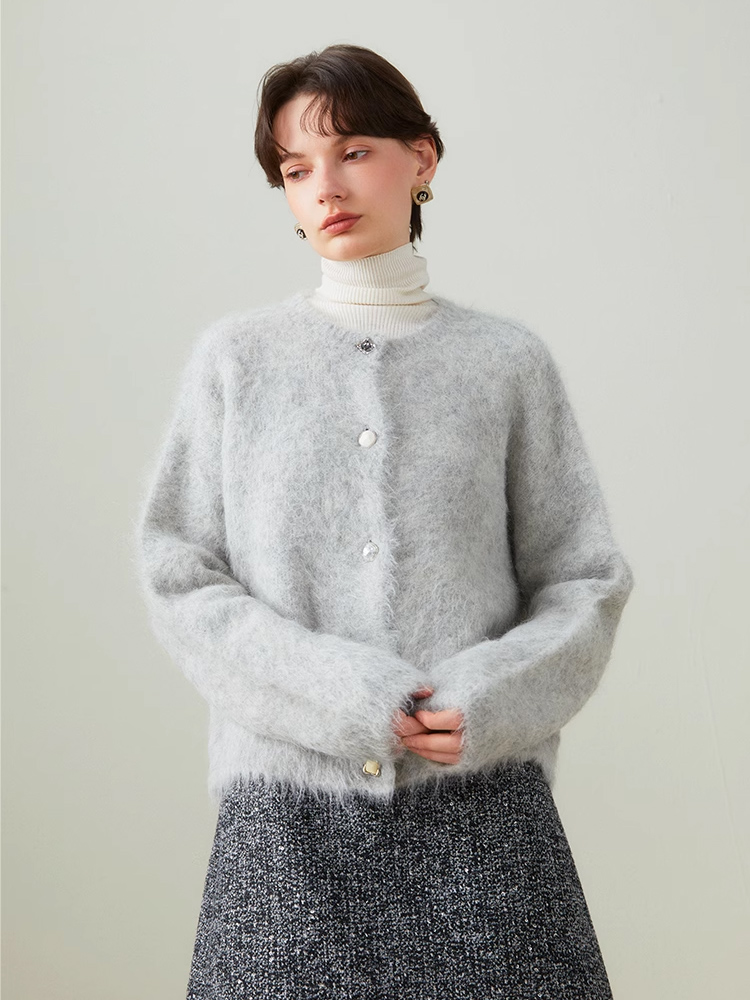 SuyaDream, Women Cardigans, 78%Alpaca, O Neck, Single breasted Solid Sweaters, 2024 Fall Winter Warm Jackets, White, Grey, Pink