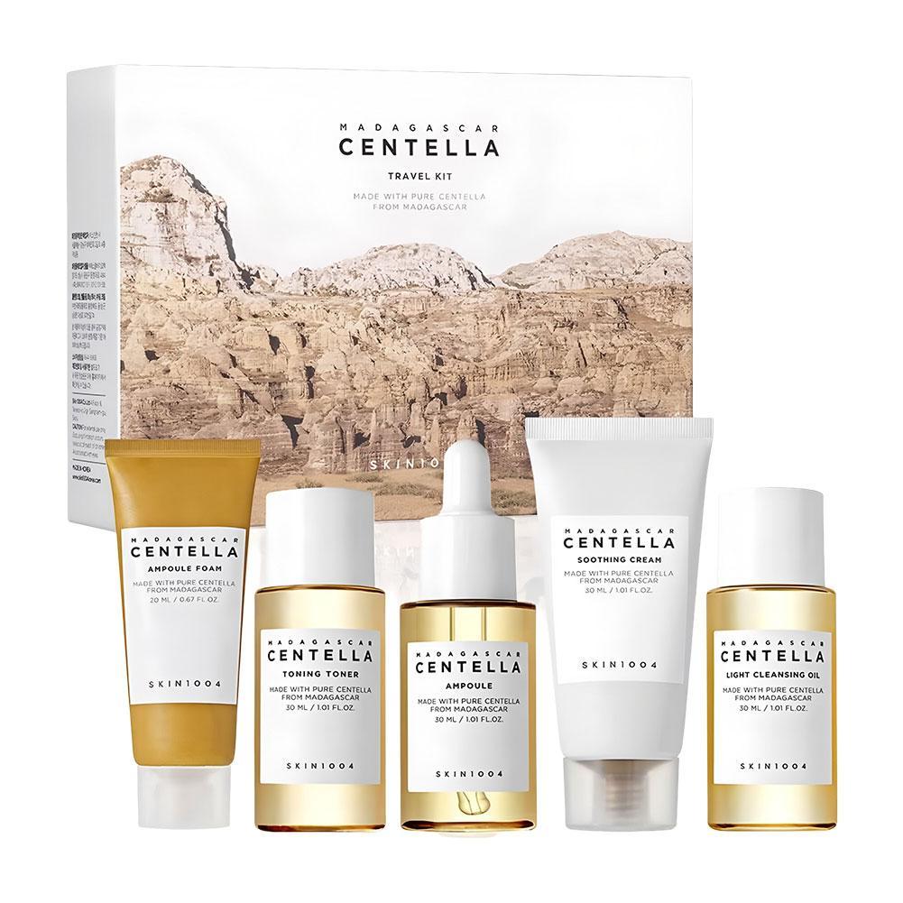 SKIN1004 Centella Asiatica Set de viaje para el cuidado de la piel (tóner de 30 ml, esencia de 30 ml, limpiador de 20 ml, crema de 30 ml, aceite desmaquillante de 30 ml)