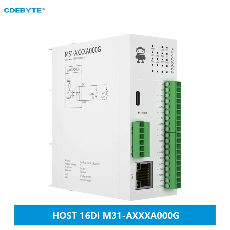 16di rs485 rj45 analoge schalter erfassung verteiltes fern gesteuertes io modul host modul cdebyte M31-AXXXA000G modbus tcp/rtu pnp npn