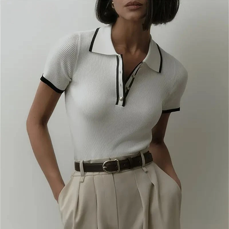 Sommer High-end-Mode Polo Neck Gestricktes Hemd Dünne Kurzarm Tops Frauen Sexy Taste T-shirt Büro Dame Strickwaren y2k Tops