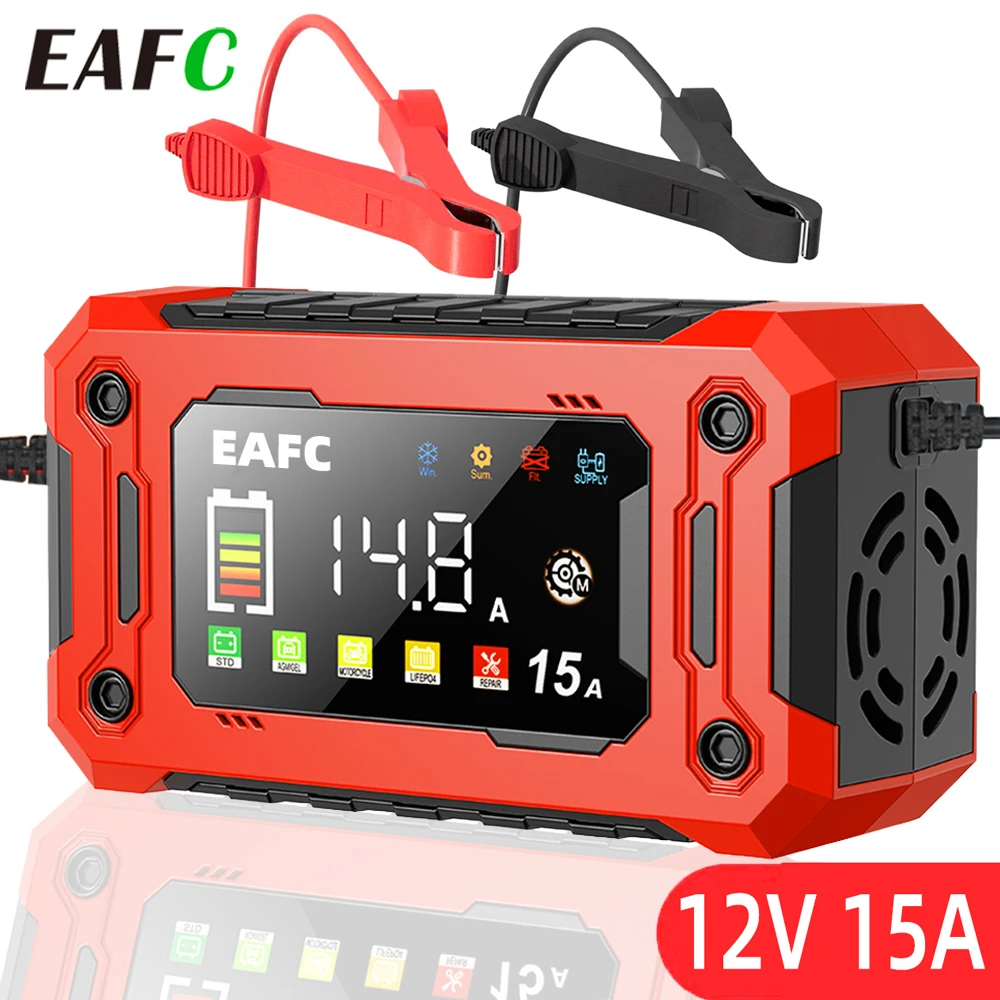 EAFC 12V 15A Smart Auto Batterie Ladegerät Puls Reparatur Automatische Start Schnelle Ladegerät Für Motorrad Lkw Blei Säure Batterien