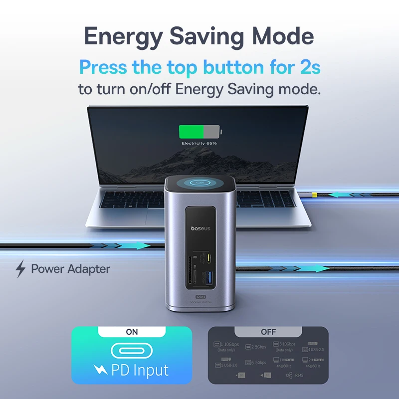 Baseus 12-in-1 USB C HUB auf HDMI 4K@60Hz Dual Display USB 3.2 Adapter mit RJ45 SD TF PD 100W Dockingstation für Windows Mac Hub