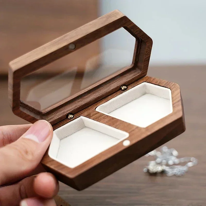 Free Custom Personalized Walnut Wooden Ring Box Engraved Engagement and Wedding Ring Holder Gift for Couples, Brides, and Grooms