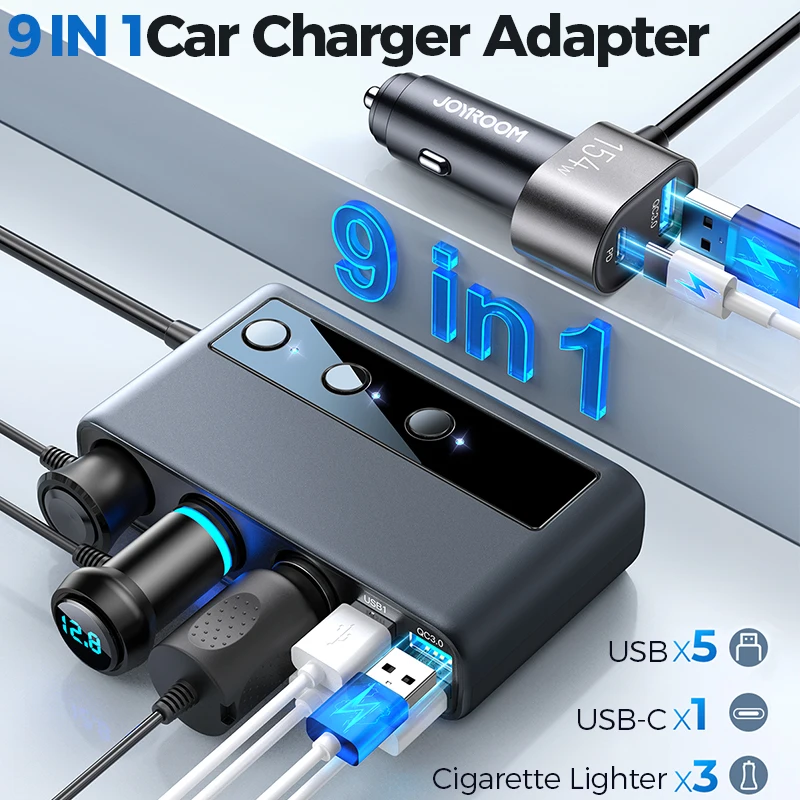 Joyroom 154W 9 in 1 Car Charger Adapter PD 3 Socket Cigarette Lighter Splitter Charge Independent Switches DC Cigarette Outlet