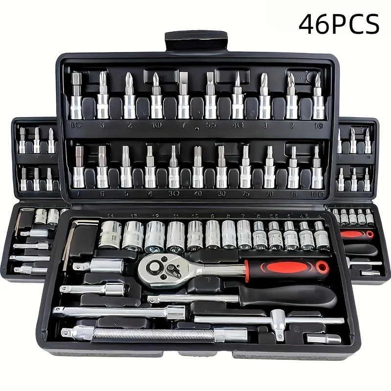 46pcs Ultimate Auto Marine Tool Kit with Socket Wrench Ratchet Set and Durable Steel Construction in Storage Case Motorcycles
