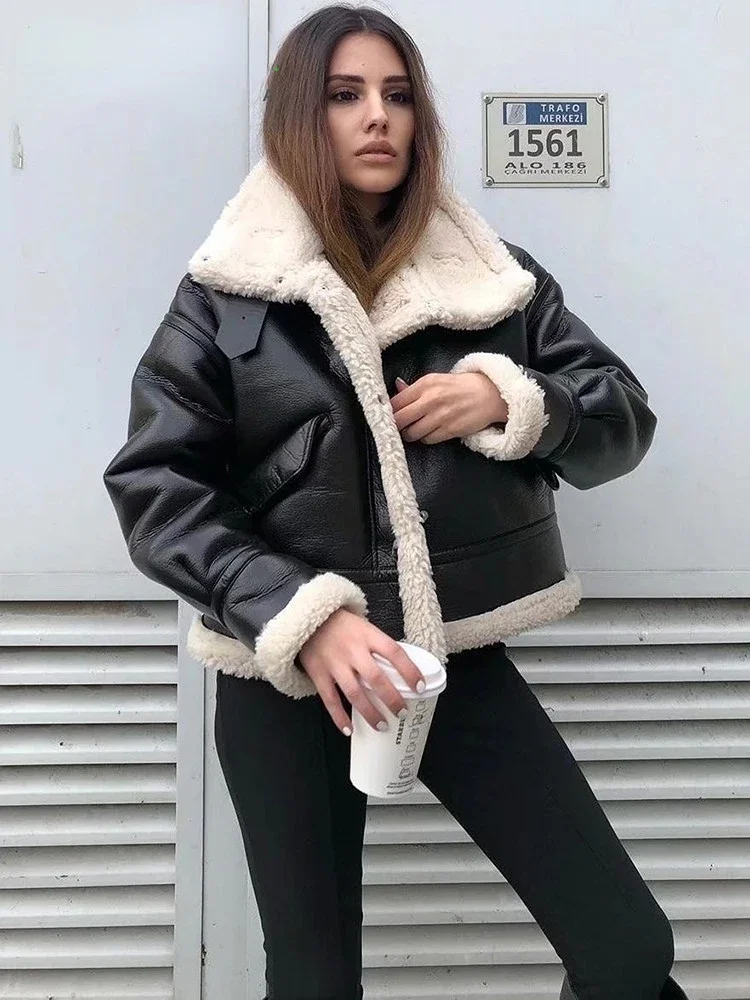 2023 Frauen Jacke Mode dicke warme Kunstleder Mantel Vintage Langarm Klappe Tasche weibliche Oberbekleidung schicke Tops