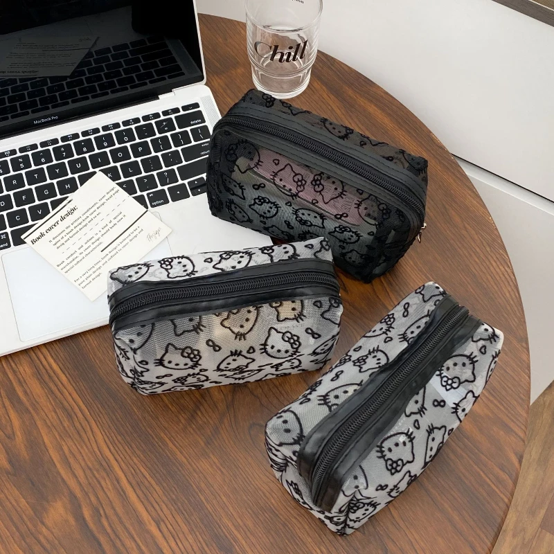 Bolsa de maquillaje Hello Kitty de malla negra: linda bolsa de cosméticos portátil con gran capacidad, organizador duradero para viajes