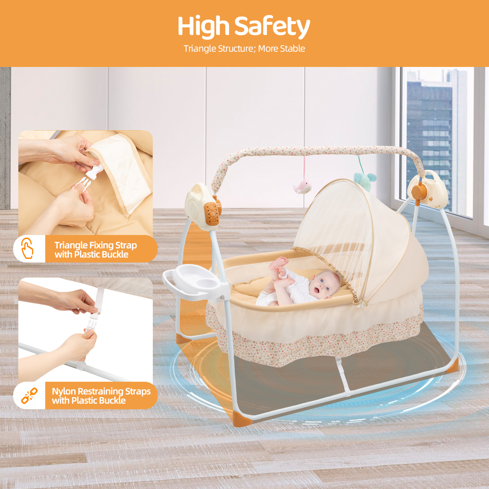 Foldable Electric Baby Cradle 0-18M 5 Speeds Swing Remote Control Bluetooth Music Mosquito Net 25KG Capacity for Sleep Play