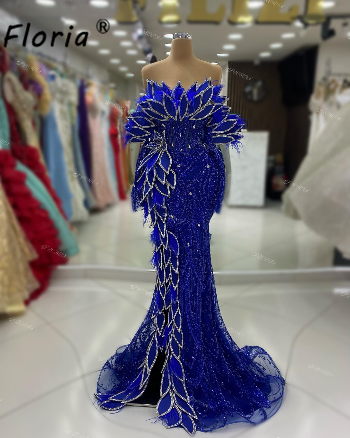 Vestidos de Noche de sirena azul real de Dubái de lujo, apliques 3D, plumas, hojas, Vestidos formales para ocasiones, Vestidos de gala con alfombra roja