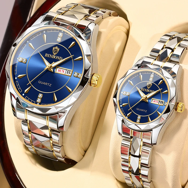 Couple Watch 2025 New Rhombus Design Quartz Wristwatch for Men Women Automatic Date Week Stainless Steel Lover's Watch Gifts