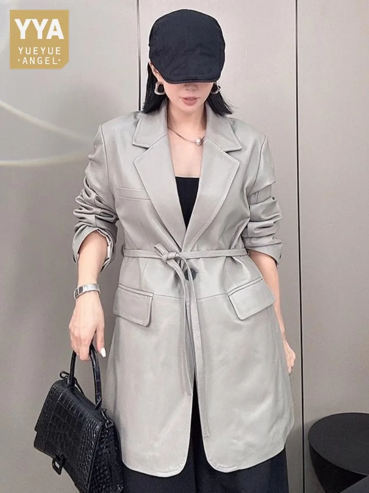 Elegante Büro Damen Echtes Leder Anzug Jacke Einzigen Taste Lose Fit Hohe Taille Mittel Lange Mode Frauen Schaffell Mantel