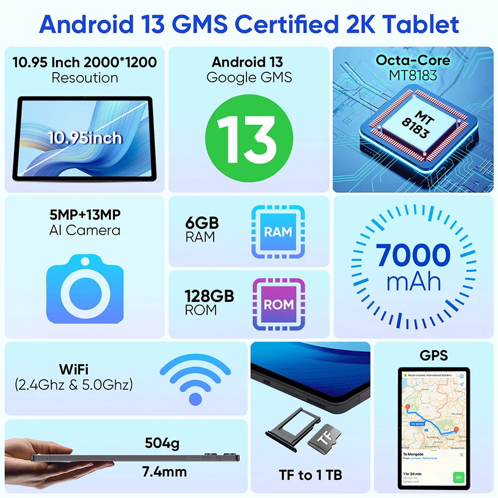 Weelikeit แท็บเล็ตแอนดรอยด์13แท็บเล็ต MTK 8183 8-core 11 "2K FHD incell Display 6GB RAM 128GB ROM Type-C 7000mAh WiFi GPS 2024สำหรับเด็ก