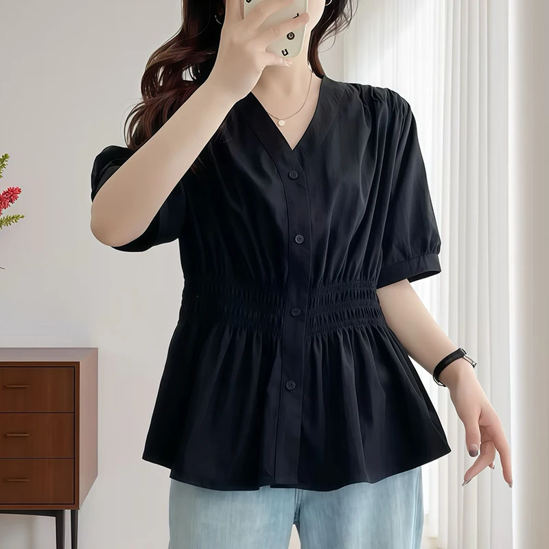 200 Pfund Plus Größe Elastische Taille Sommer Hemd Und Bluse Kurzarm Solide Top frauen Neue In Kleidung Einfache V-ausschnitt Französisch