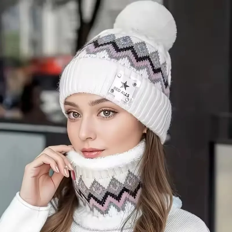 Set da 2 pezzi scaldacollo e cappello foderato in pile combinato per ciclismo all'aperto autunno/inverno, berretto spesso lavorato a maglia