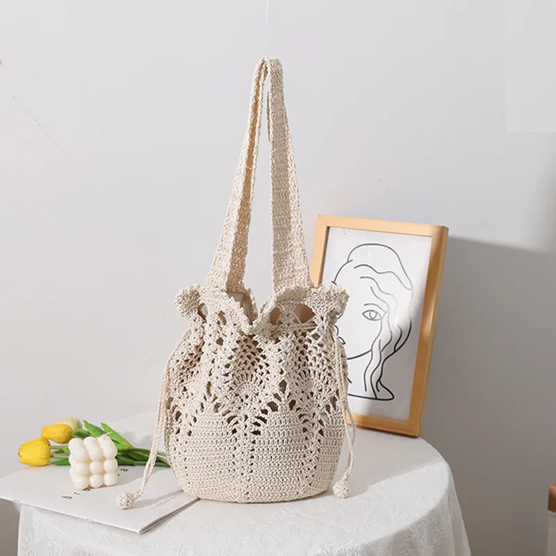 女性用の非対称コットンショルダーバッグ,手織り,花のバケット,麦わら帽子,休暇用,韓国版,新しいコレクション2022