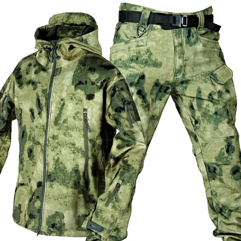 ผู้ชายหนานุ่มฤดูหนาวทํางาน Sharkskin Storm แจ็คเก็ตกํามะหยี่เสื้อผ้าเดินป่าตกปลา 2 ชิ้นชุด Tracksuits