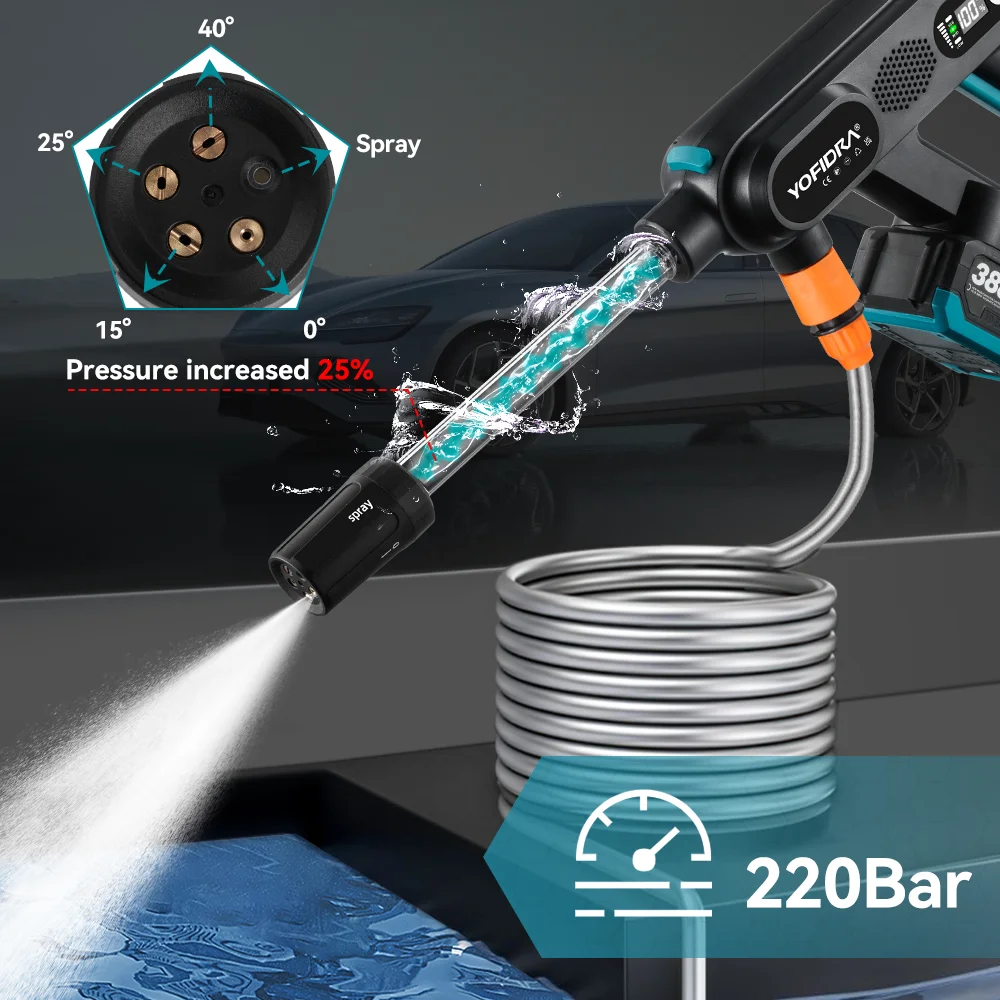 YOFIDRA 220Barブラシレス高圧洗浄機ガン 3段階調整 電動洗浄機 ウォッシュスプレーガン マキタ18Vバッテリーピン対応