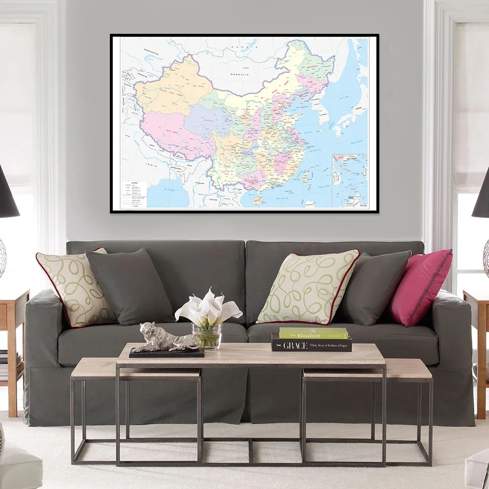 The China Map with Neighboring Countries Canvas Horizontal Version in English Picture Family Decoration Study Supplies 594*420mm