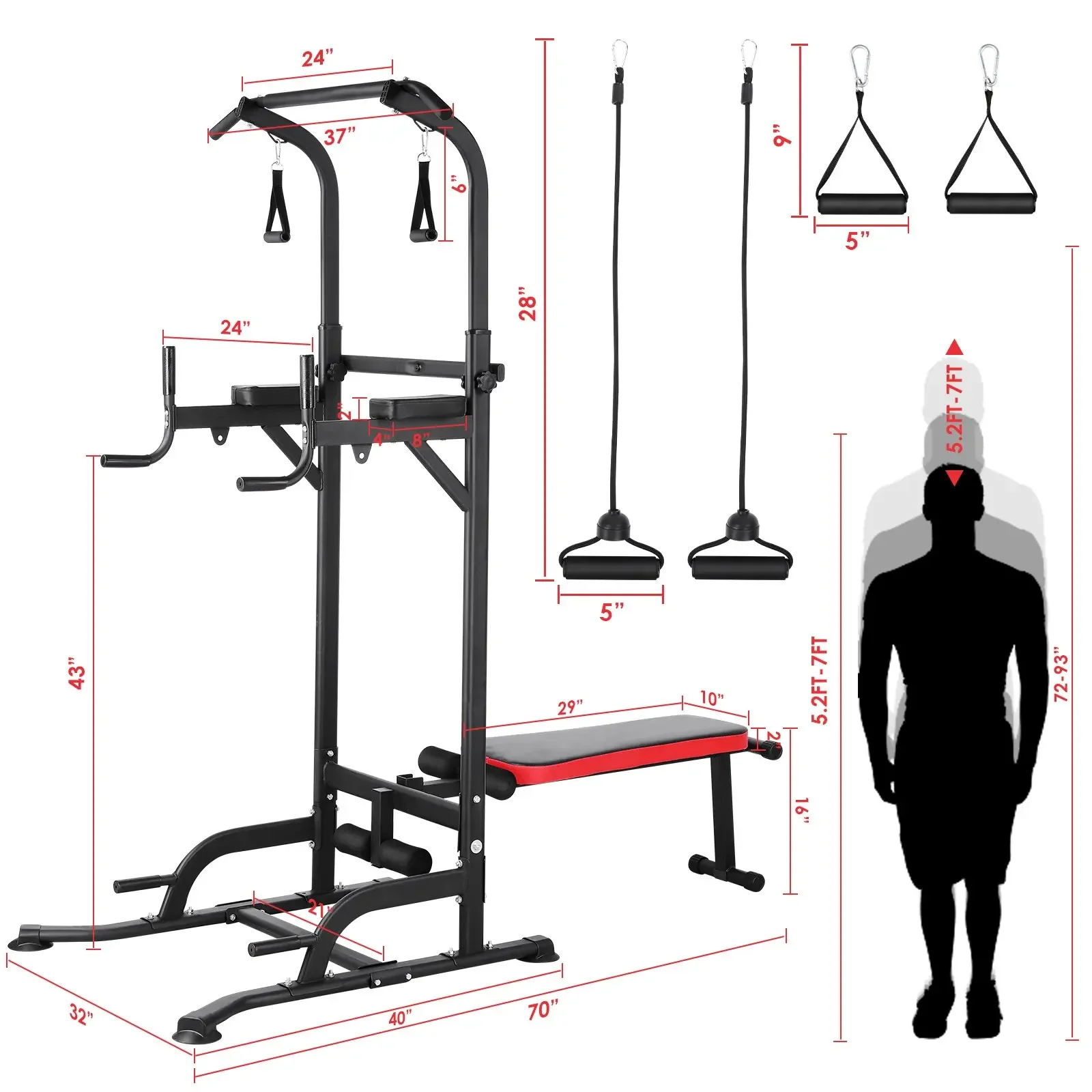 Power Tower mit Bank, Klimmzugstangenständer, Dip-Stange mit klappbarer Bank, 4-Seil-Krafttraining, Multifunktions-Fitnessgeräte