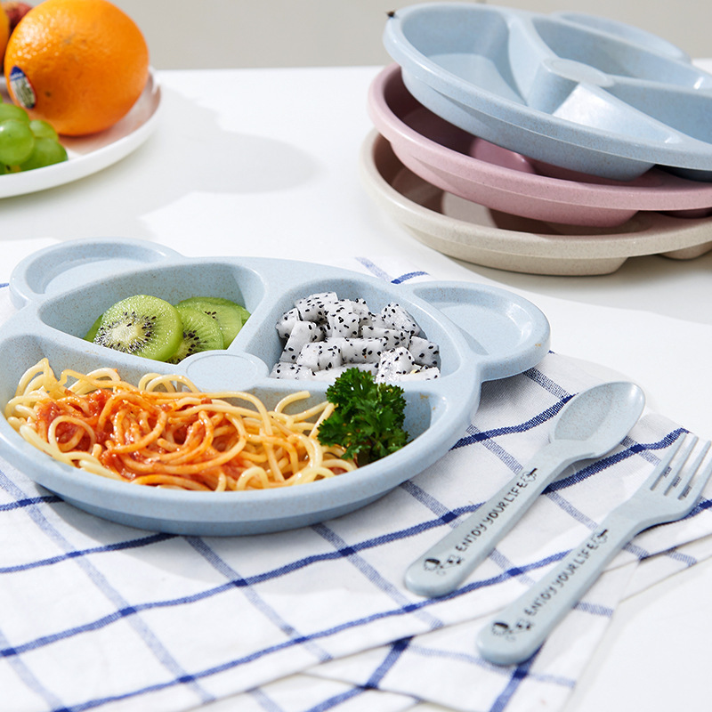 Assiette à dîner à compartiment ours mignon, matériau en paille de blé écologique, sûre et anti-chute, avec cuillère et fourchette