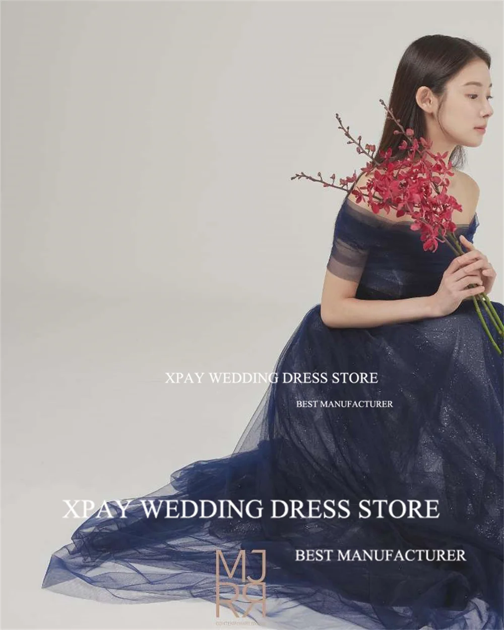 XPAY ネイビーブルーグリッターイブニングドレスカスタマイズオフショルダー結婚式の写真撮影レースアップバック A ラインバックレスウエディングドレス