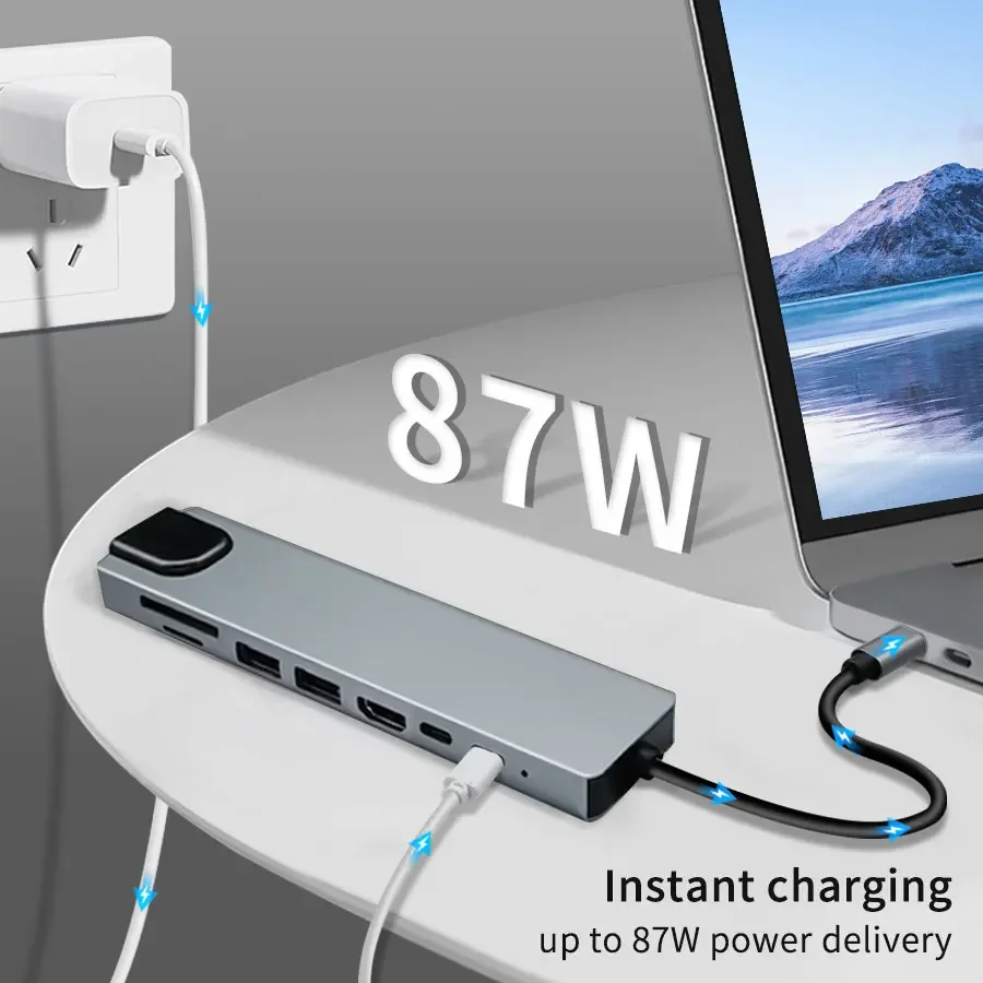 USB C HUB 8 in 1 Type C Adapter with 4K HDMI 87W PD C Port Docking Station RJ45 Compatible with MacBook Pro Air USB C Laptops