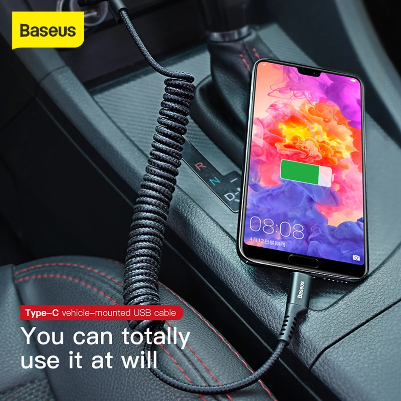Cable de carga Baseus Spring USB tipo C para coche Cable de carga trenzado Flexible fuerte 2A USB C para iPhone Cable de datos de teléfono móvil