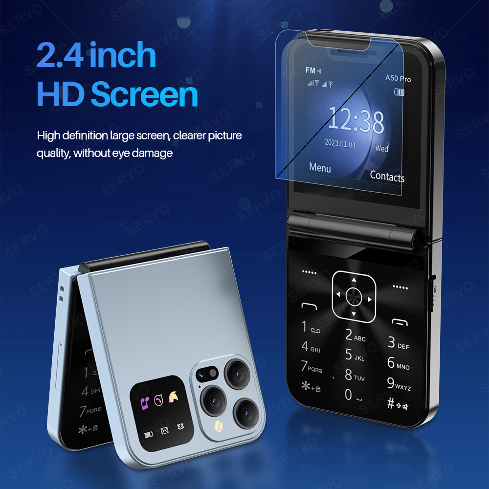 SERVO A50 PRO Flip Mobile Phone 2.4" Display Speed Dial Call Recording Blacklist 2 SIM Unlocked Foldable Cellphones New Version