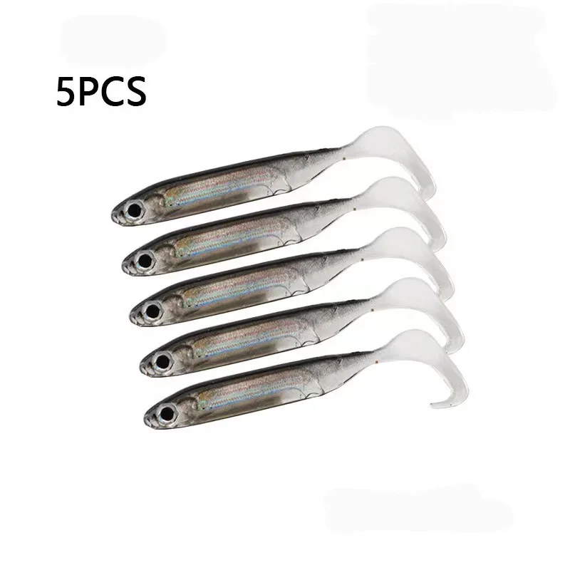 5 unids/lote cebo suave de pesca cola en T Señuelos de Pesca de peces Color arcoíris columpio de lentejuelas cebo giratorio de pesca