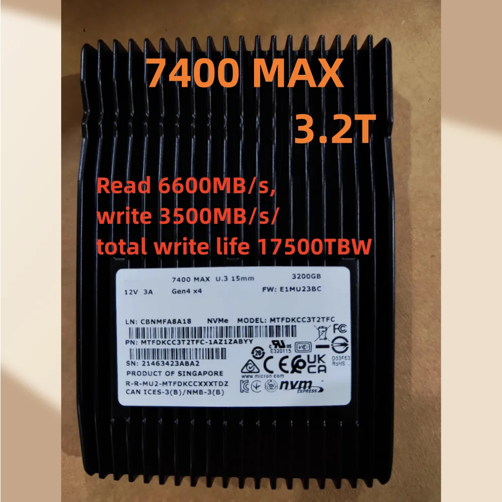 New 7400 MAX 3.2T 1.6T NVMe Gen4.0X4 U.3 15mm Enterprise Server PCIE U.2 Solid State Drive For Micron 7400max 1600G 3200G ssd