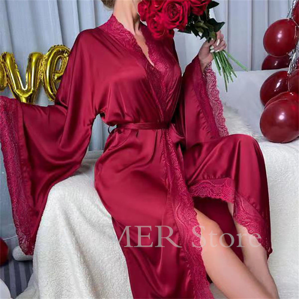 Bata de boda Ultra larga para mujer, Kimono blanco, ropa de dormir holgada, albornoz Sexy con manga de encaje grande, ropa de dormir, batas de rayón