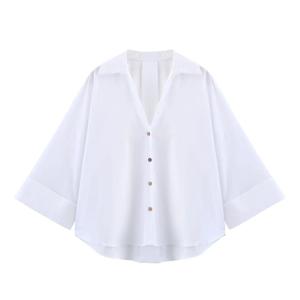 2025 Camisa feminina azul claro com botão grande – com mangas enroladas e decote em V para um visual casual e chique