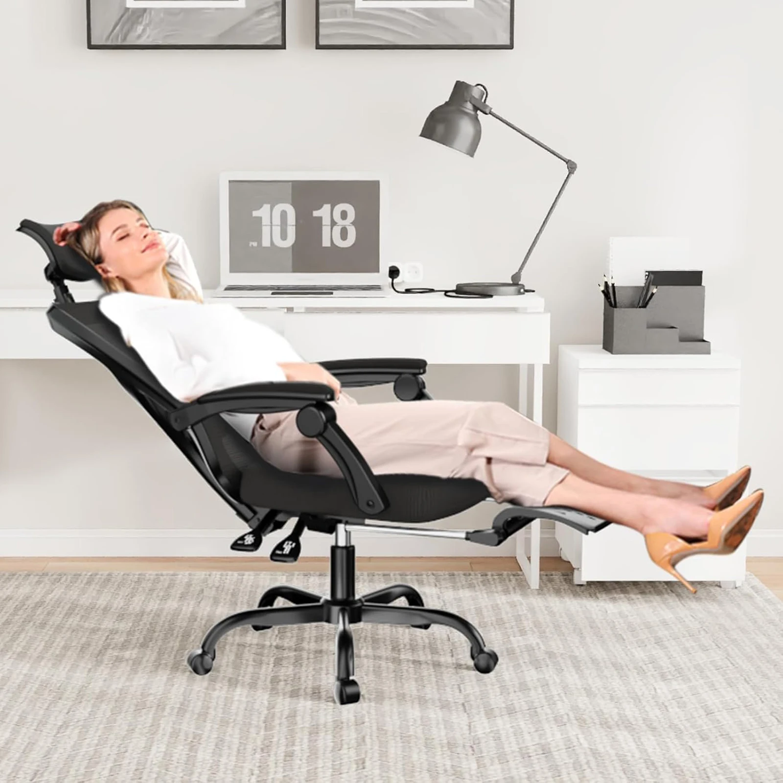 naspaluro Ergonomischer Bürostuhl mit Fußstütze, Schreibtischstuhl mit verstellbarer Kopfstütze, Lordosenstütze, Liegestuhl, Chefsessel