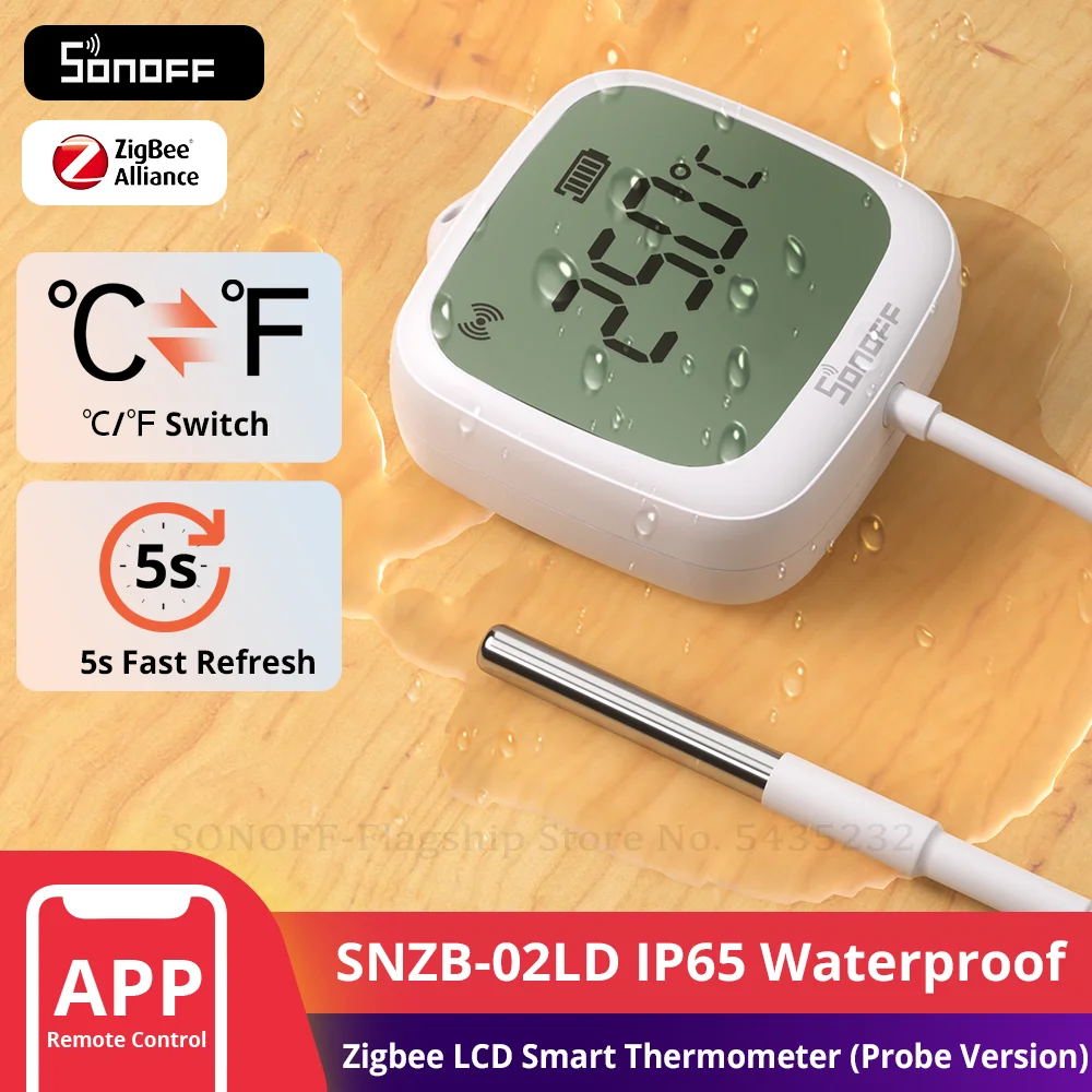 SONOFF SNZB-02LD IP65 Zigbee ЖК-умный термометр с зондом для обнаружения бассейна, ванны, холодильника, морозильной камеры, измерения температуры жидкости