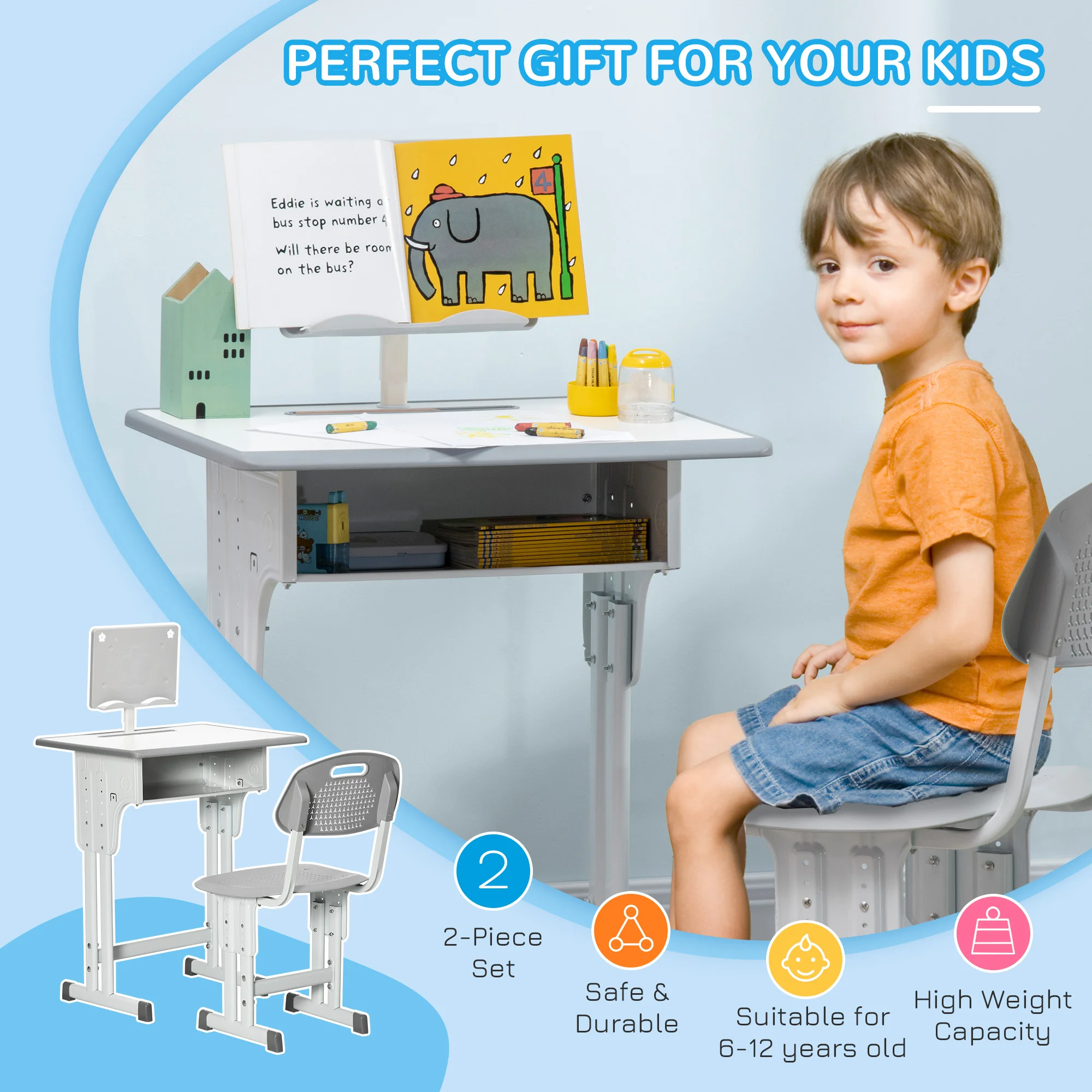 HOMCOM Kids Desk and Chair Set Adjustable Height Study Table Set with Drawer, Book Stand, Pen Slot