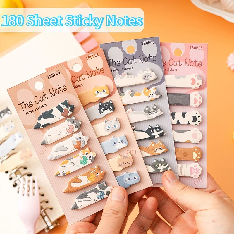 180 Uds. Marcadores de página de notas adhesivas de gato de dibujos animados pestañas de índice adhesivas banderas pegatinas de página grabables marcadores de libros Kawaii notas de lectura